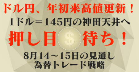 【1ドル＝145円】ドル円は年初来高値更新！金利上昇でドル高・円高に、口先介入待ちか？【8月14〜15日の為替見通し・トレード戦略】