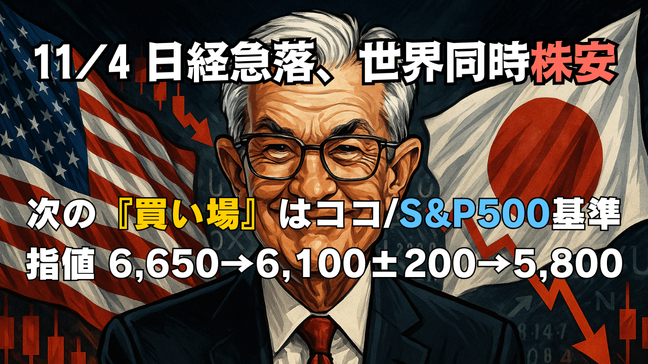 【11/4速報】日経平均▲914円急落なぜ?暴落前後の買い方マニュアル!S&P500の目安と指値の置き方