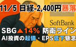 【11/5速報】AIバブル崩壊？日経平均2,400円急落の正体！『起債ラッシュ』で資金枯渇—次の買い場は48,000円台