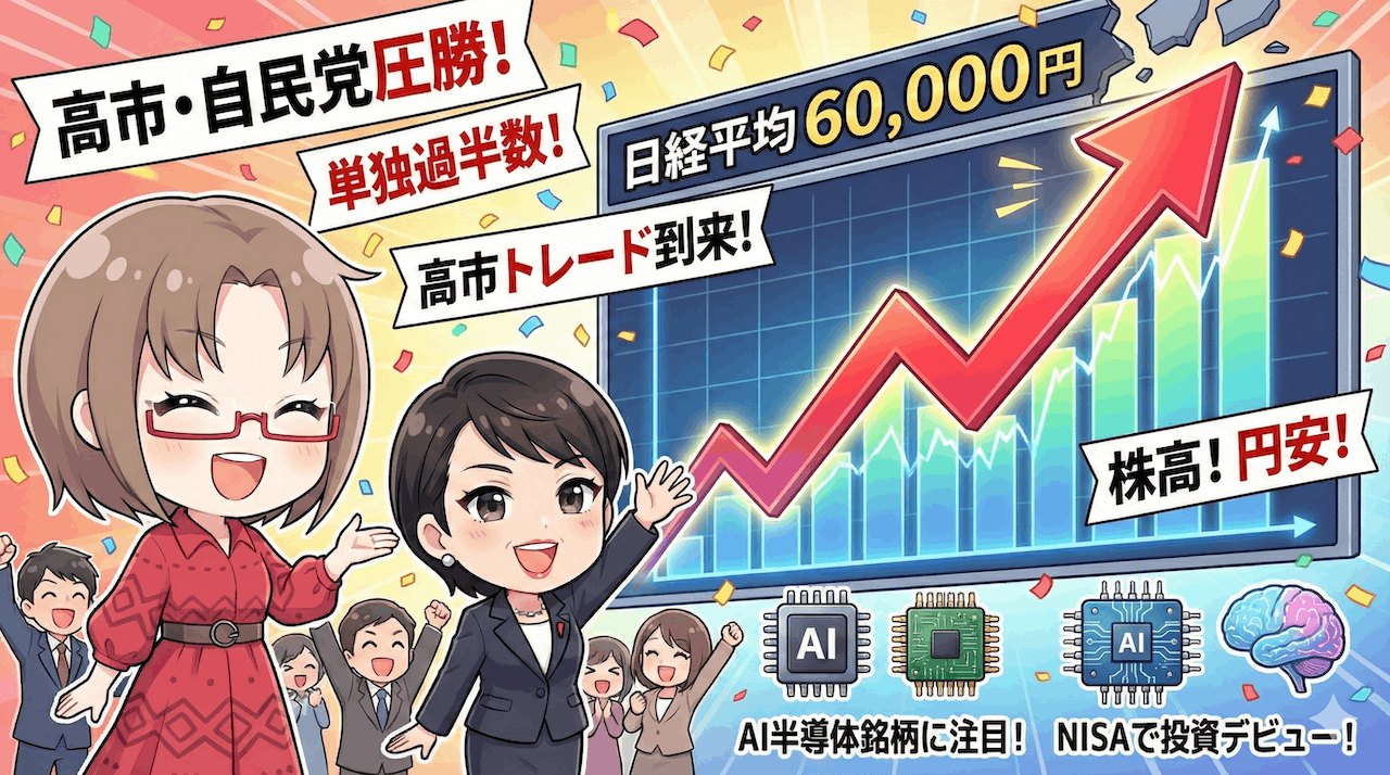 【高市圧勝】すでに先物57,000円到達！日経6万円時代に買うべき「最強AI半導体」5選と今後のシナリオ/2月9日