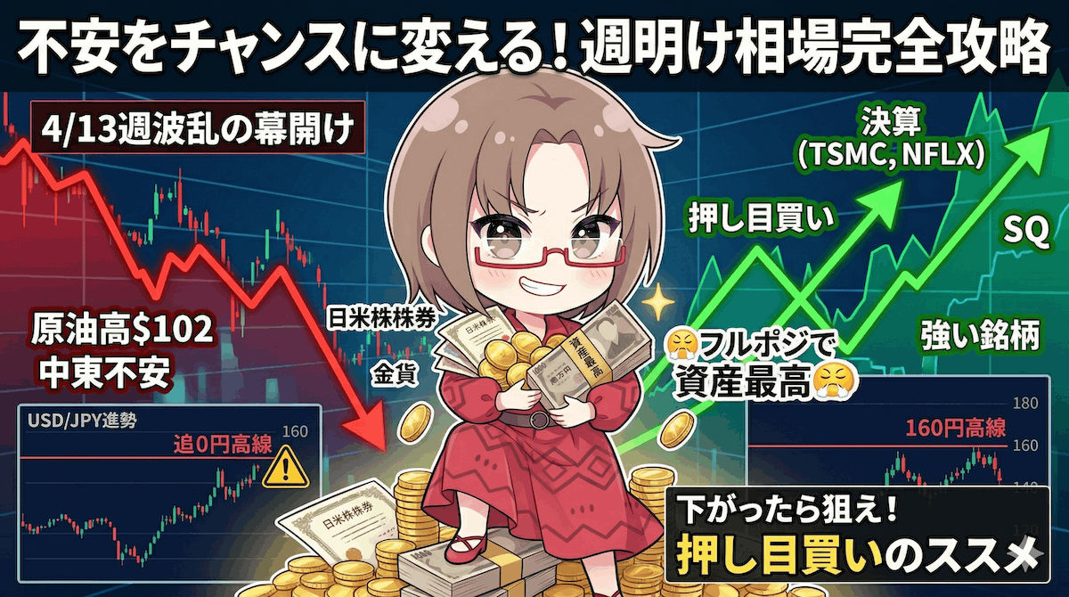 【4月13日〜相場戦略】中東情勢悪化・原油高・ドル円159円でも慌てるな|日経平均・米国株は押し目買いが基本