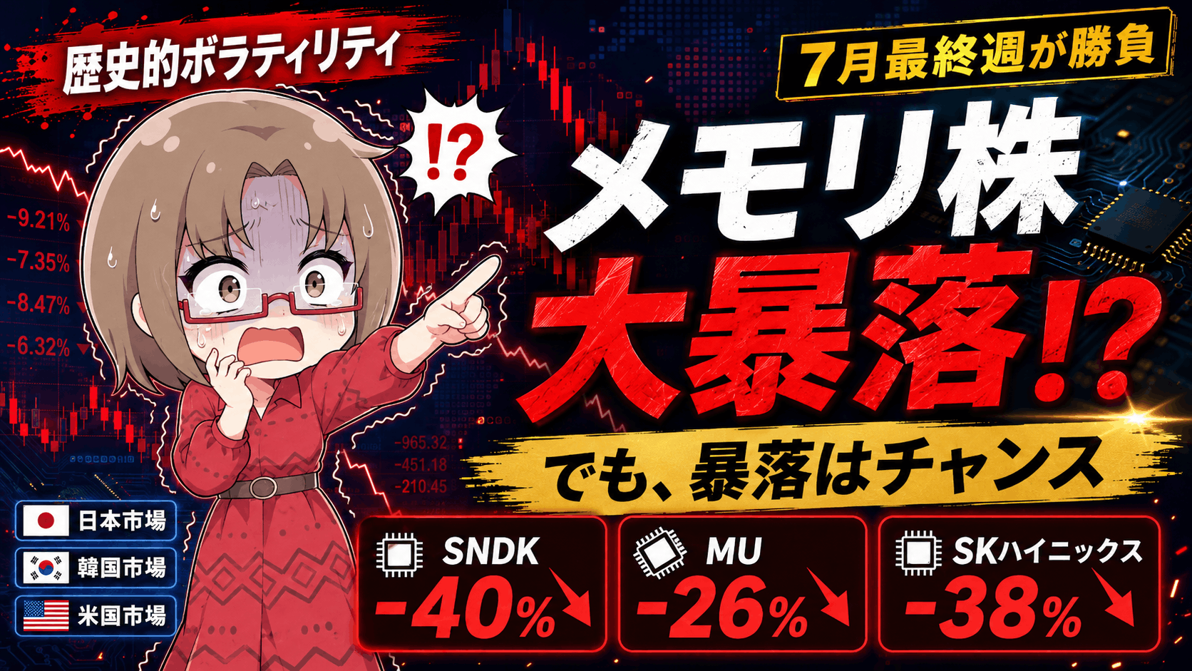 メモリ株バブル崩壊か、歴史的な買い場か？MU・SNDK・SKハイニックス暴落後の底値と3段階押し目マップ【7月17日】