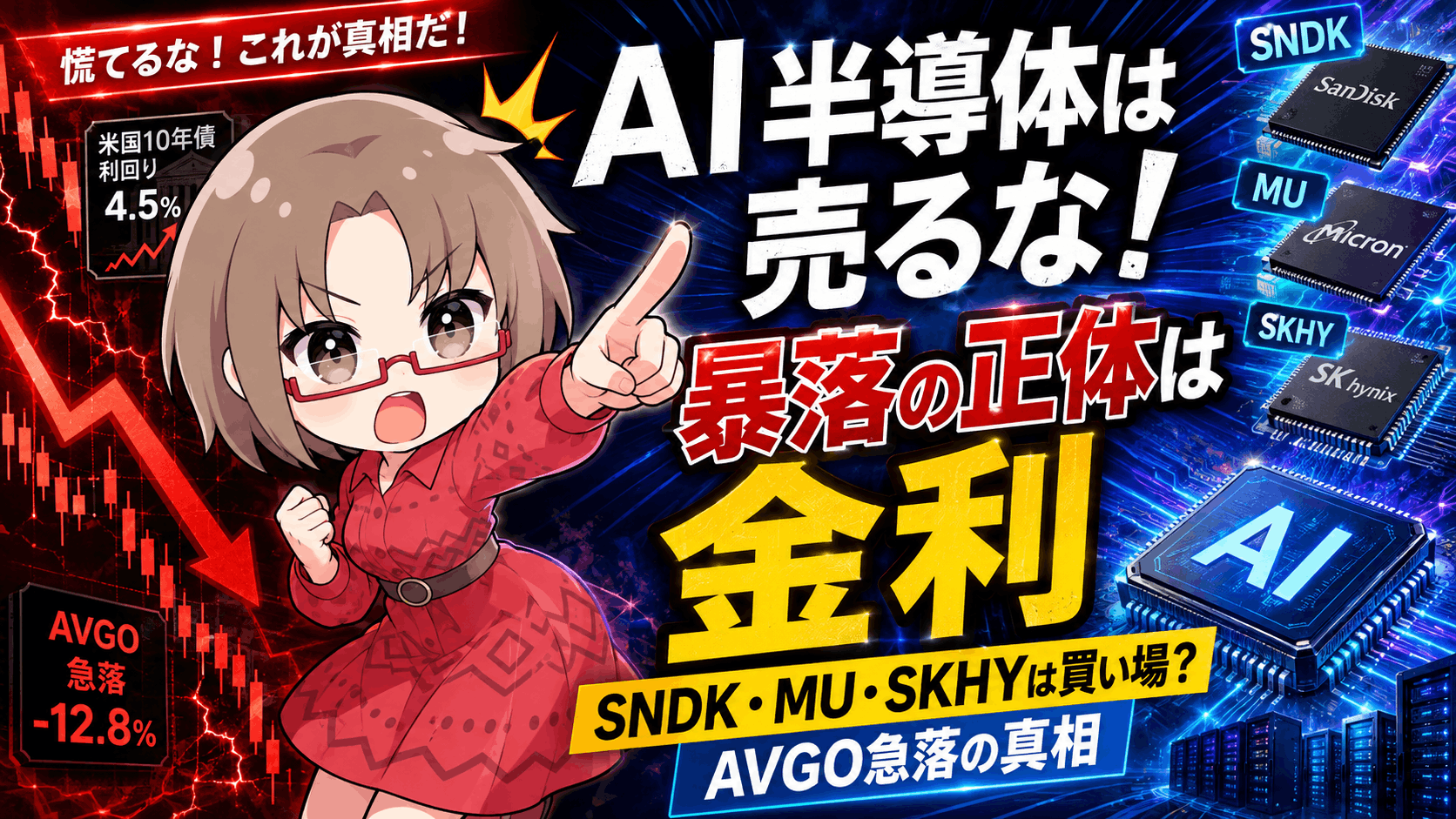 AI半導体は売るな！暴落の正体は「金利」SNDK・MU・SKHYを今も買う理由とAVGO急落の真相