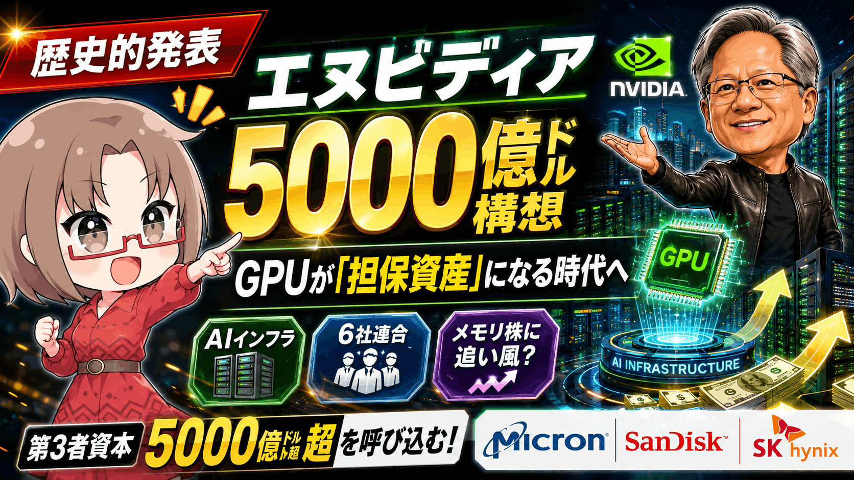 NVIDIAが5,000億ドル超をAIへ呼び込む!マイクロン・SanDisk・SKハイニックスが跳ねる「本当の理由」